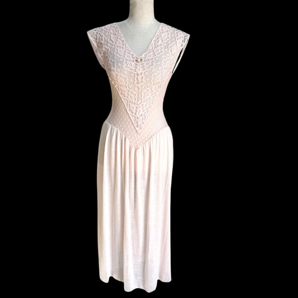 Vintage 80s Victoria Secret Gold Crown Lace Nightgown Pink Sheer Maxi Slip S
